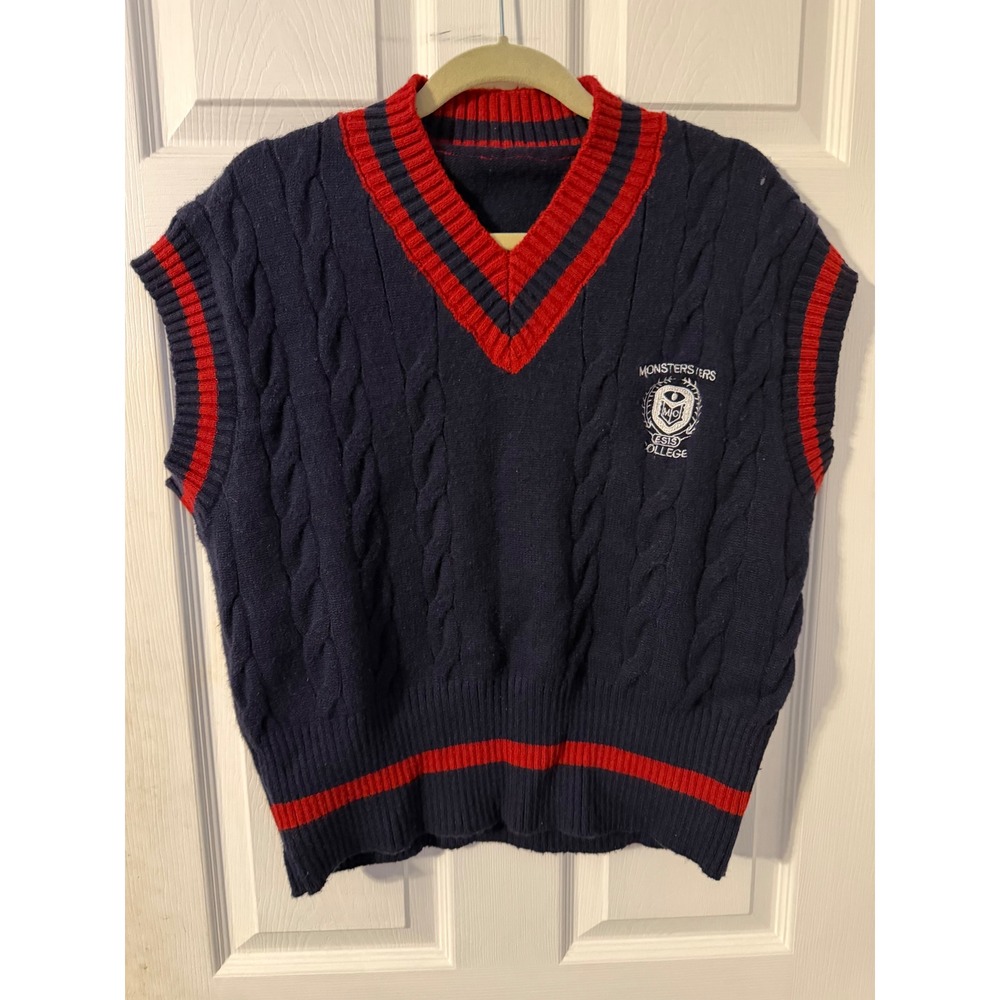 Disney Monsters University MU College Cable Knit Sweater Vest Navy Red V-Neck